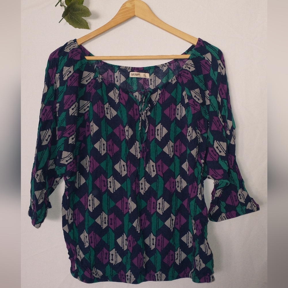 Old Navy Purple and Green Geometric Blouse Size Large Work Or Casual